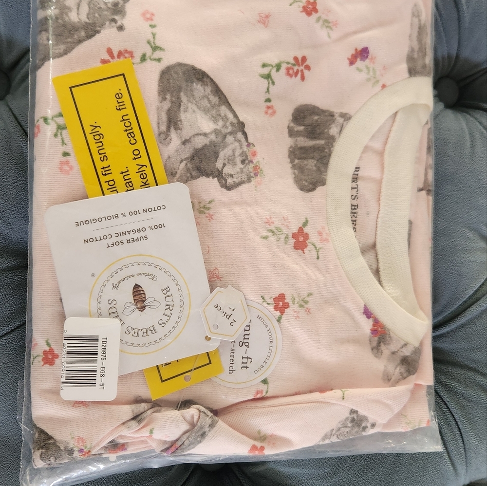 Burt's bee girl pjs top and bottom organic cotton 5t hippie hippo